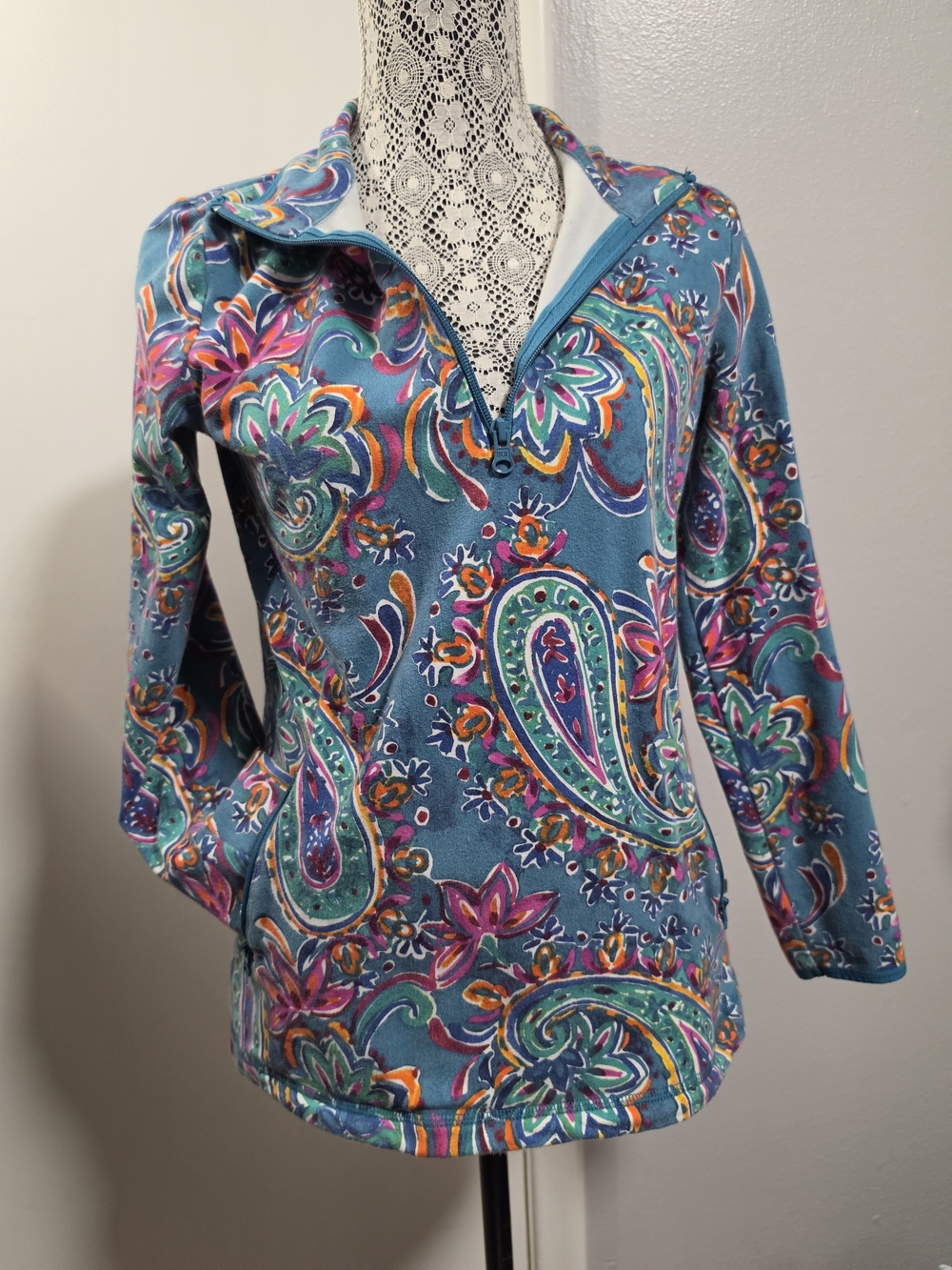 T by Talbots Paisley Floral Quarter Zip Pullover Size S Cotton Teal